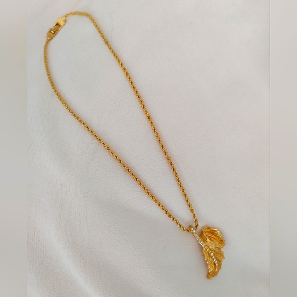 Vintage Givenchy Gold Tone Feather with Rhinestone Necklace - Picture 1 of 12